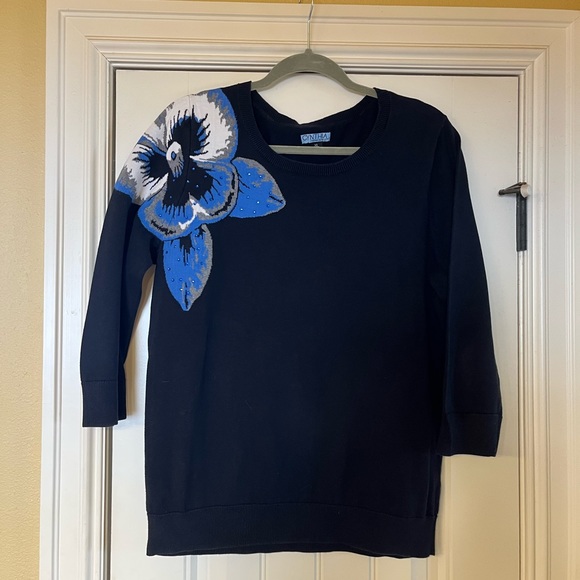For Cynthia Sweaters - Black sweater with blue floral detail, 3/4 length sleeve